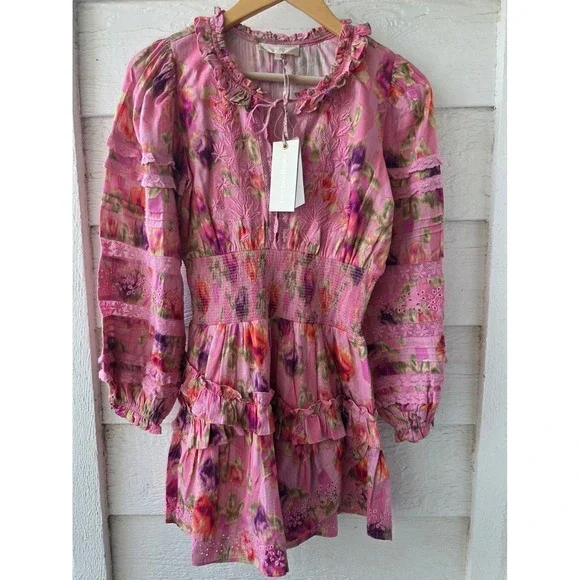NWT LoveShackFancy Clarkie Mini Dress XS Pink Floral 100% Cotton Ruffle Smocked - Picture 7 of 11